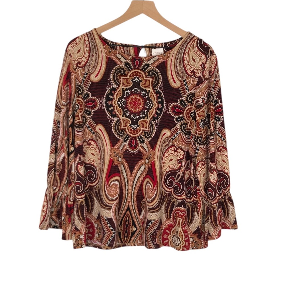 Chico’s Medallion Paisley Print Knit Top Size 2 US L/12 Bell Sleeve